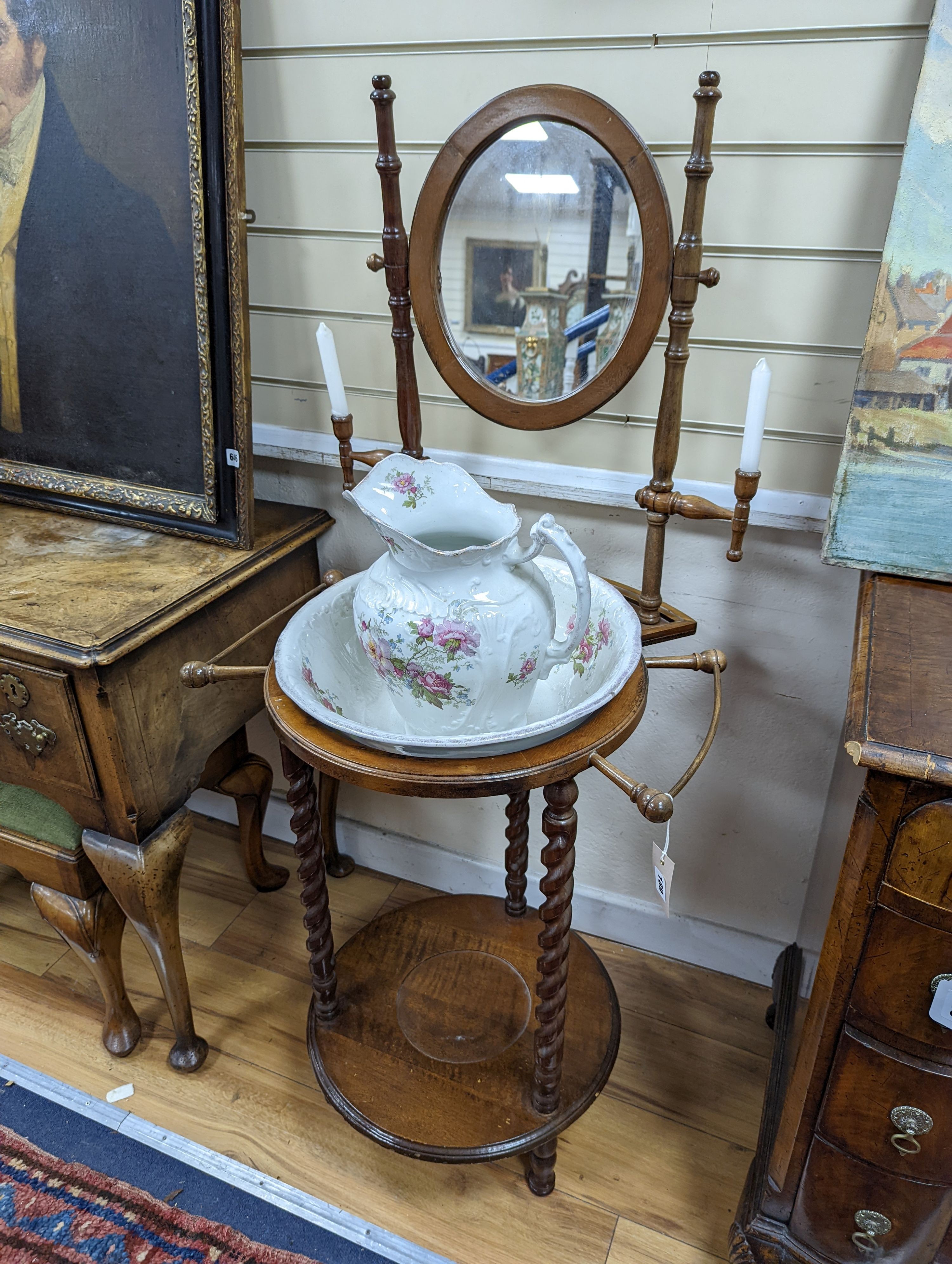 A Victorian style mahogany and beech wash stand, width 54cm, height 132cm